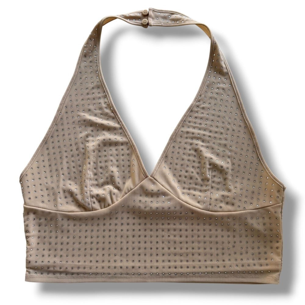 Forever 21 Sz XL Beige Nude Rhinestone Sparkly V-Neck Mesh Halter Crop Top Party